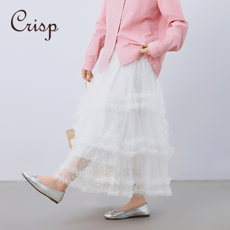 CRISP日系甜美网纱蓬蓬半身裙木耳边A字蛋糕裙小个子2025春季新款