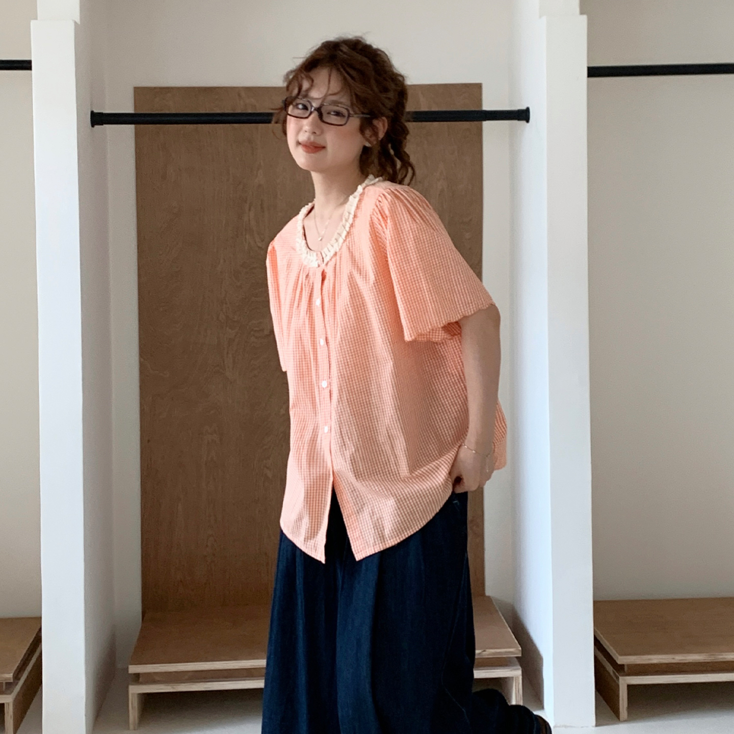 CRISP日系穿搭蕾丝低圆领格子衬衫女正肩短袖小上衣2025夏季新款