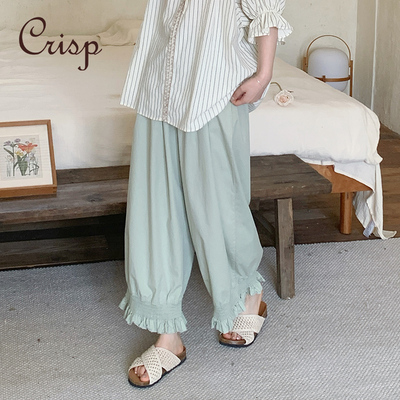 CRISP日系穿搭木耳边阔腿裤女宽松小个子纯棉休闲裤2025夏季新款