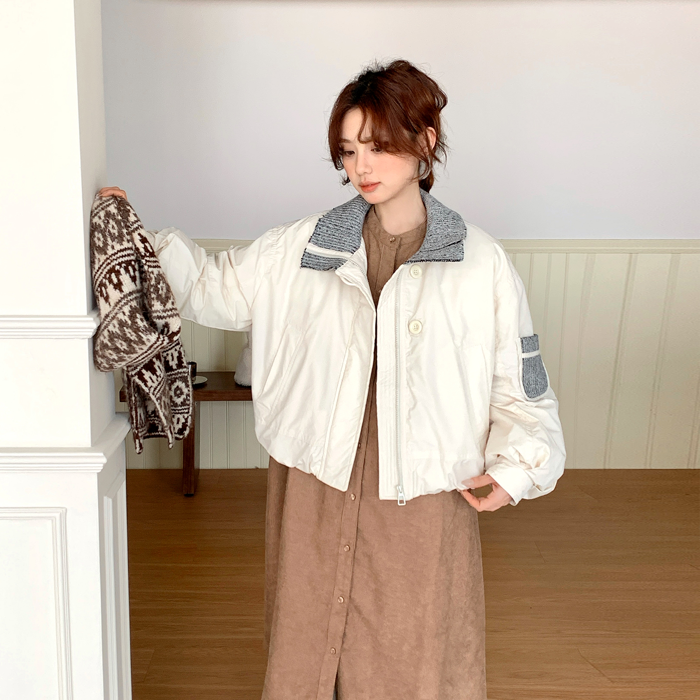 CRISP日系穿搭针织翻领白鸭绒短款羽绒服女派克服2025冬季新款