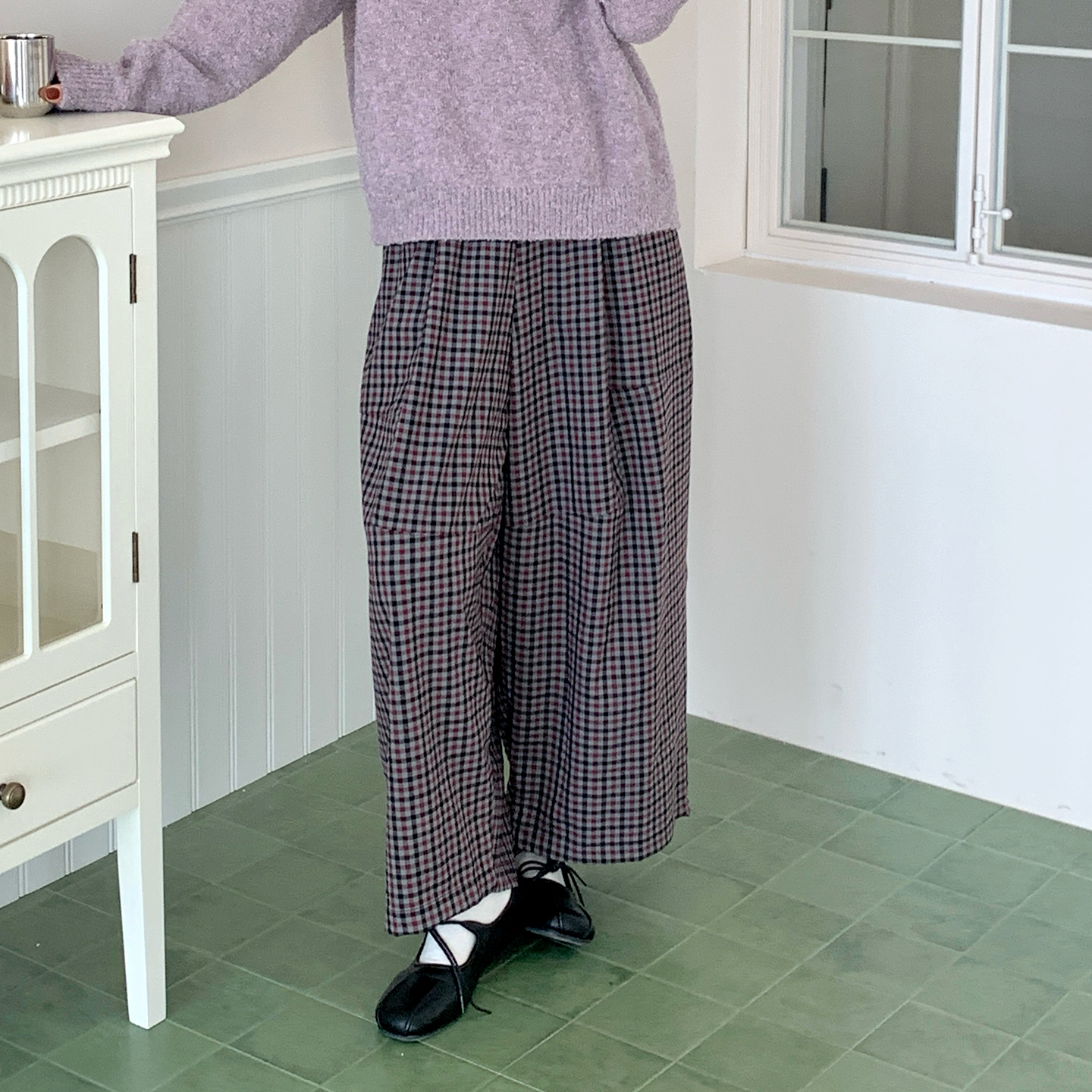 CRISP日系穿搭拼接格子阔腿裤女宽松小个子休闲裤子2025秋季新款