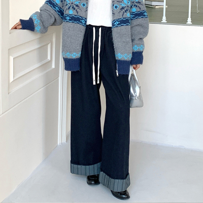 CRISP日系穿搭翻边阔腿牛仔裤女版型超好看的裤子2025秋冬新款