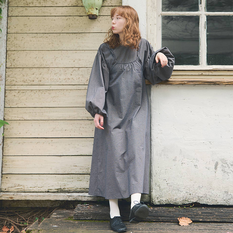 CRISP日系穿搭格子灯笼袖小衫上衣女吊带连衣裙两件套装2024新款