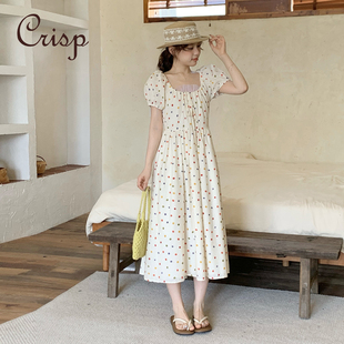 新款 CRISP日系穿搭波点U型领连衣裙小个子泡泡袖 收腰长裙2025夏季