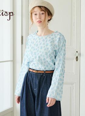 CRISP日系穿搭花朵提花长袖t恤女低圆领内搭打底衫2025春季新款