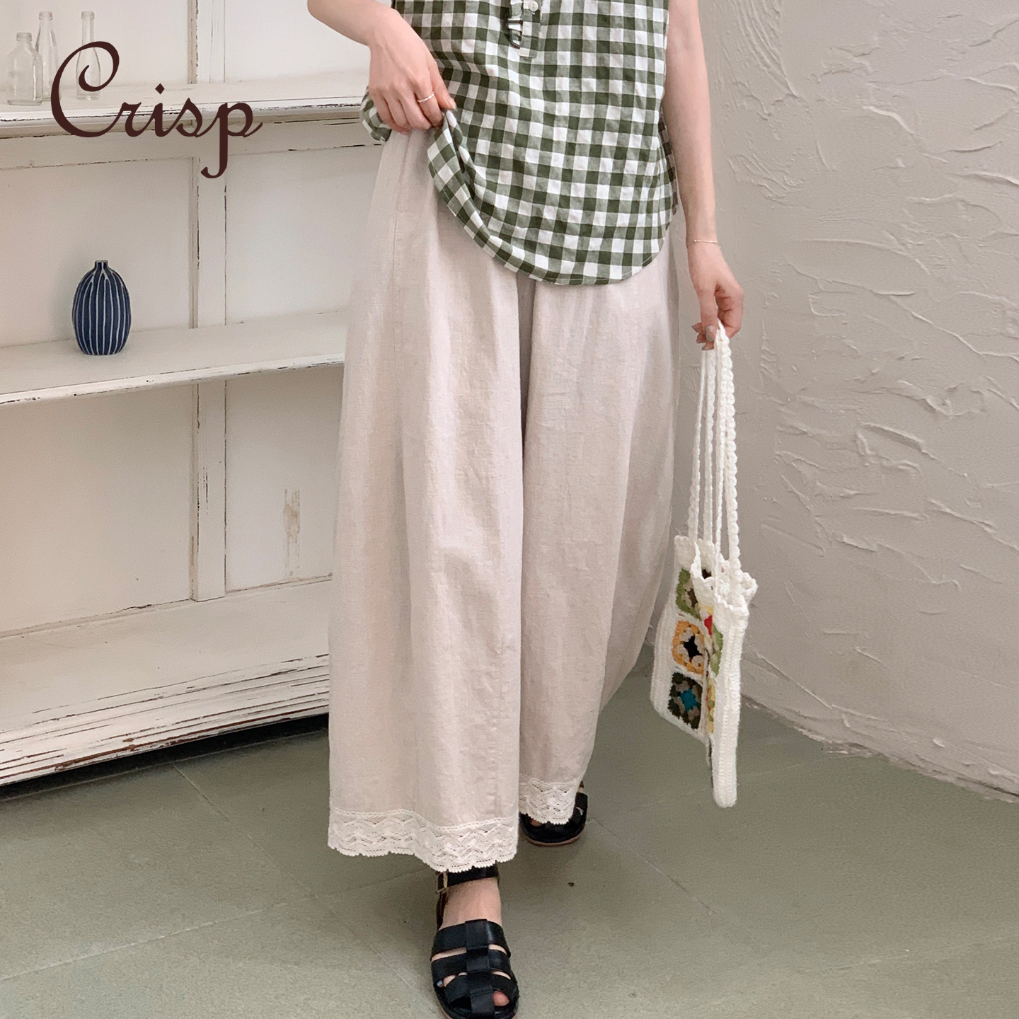 CRISP日系蕾丝花边棉麻阔腿裤