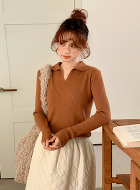 CRISP日系小翻领坑条针织衫内搭女修身套头打底衫2025冬季新款