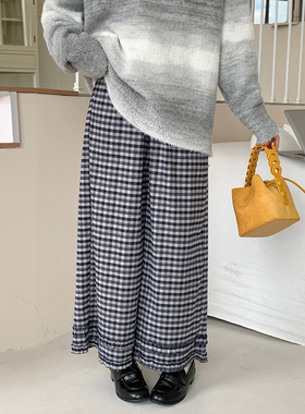 CRISP日系穿搭复古磨毛格子阔腿裤女宽松休闲裤慵懒2025秋冬新款