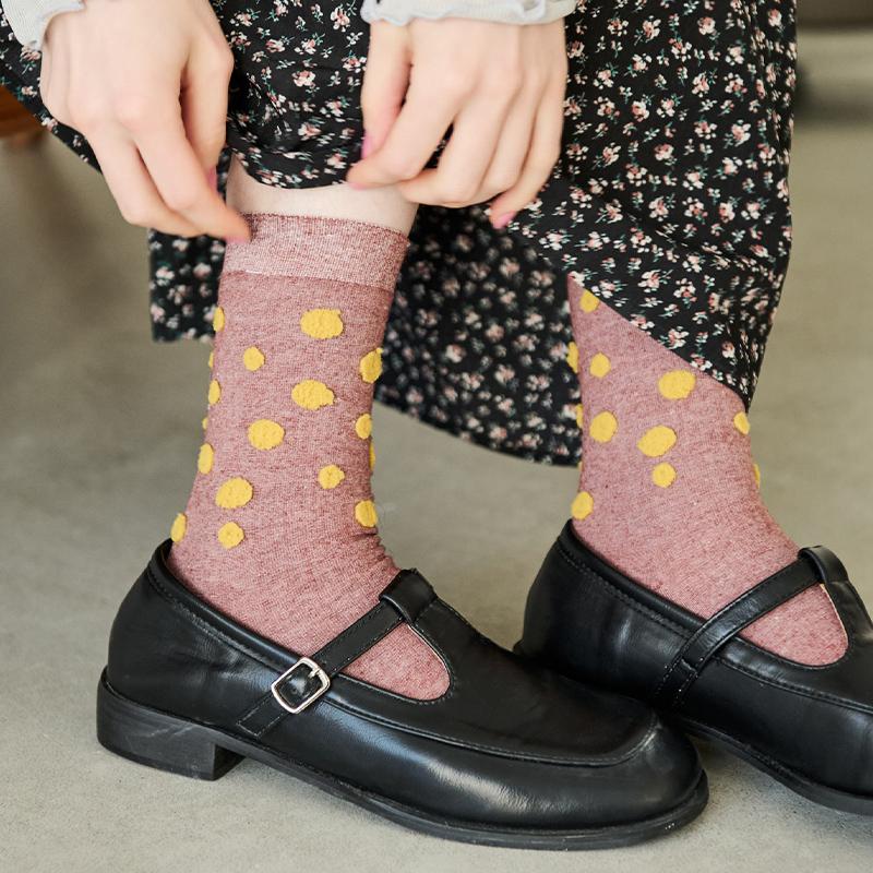 CRISP日系立体绣波点纯棉中筒袜女可爱袜子2025春季新款