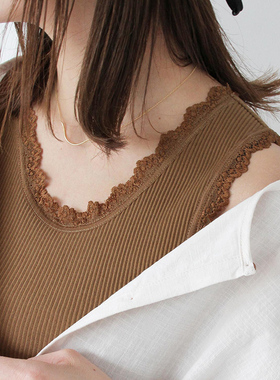 CRISP日系坑条蕾丝边针织吊带背心女内搭纯棉无袖打底衫春夏新款