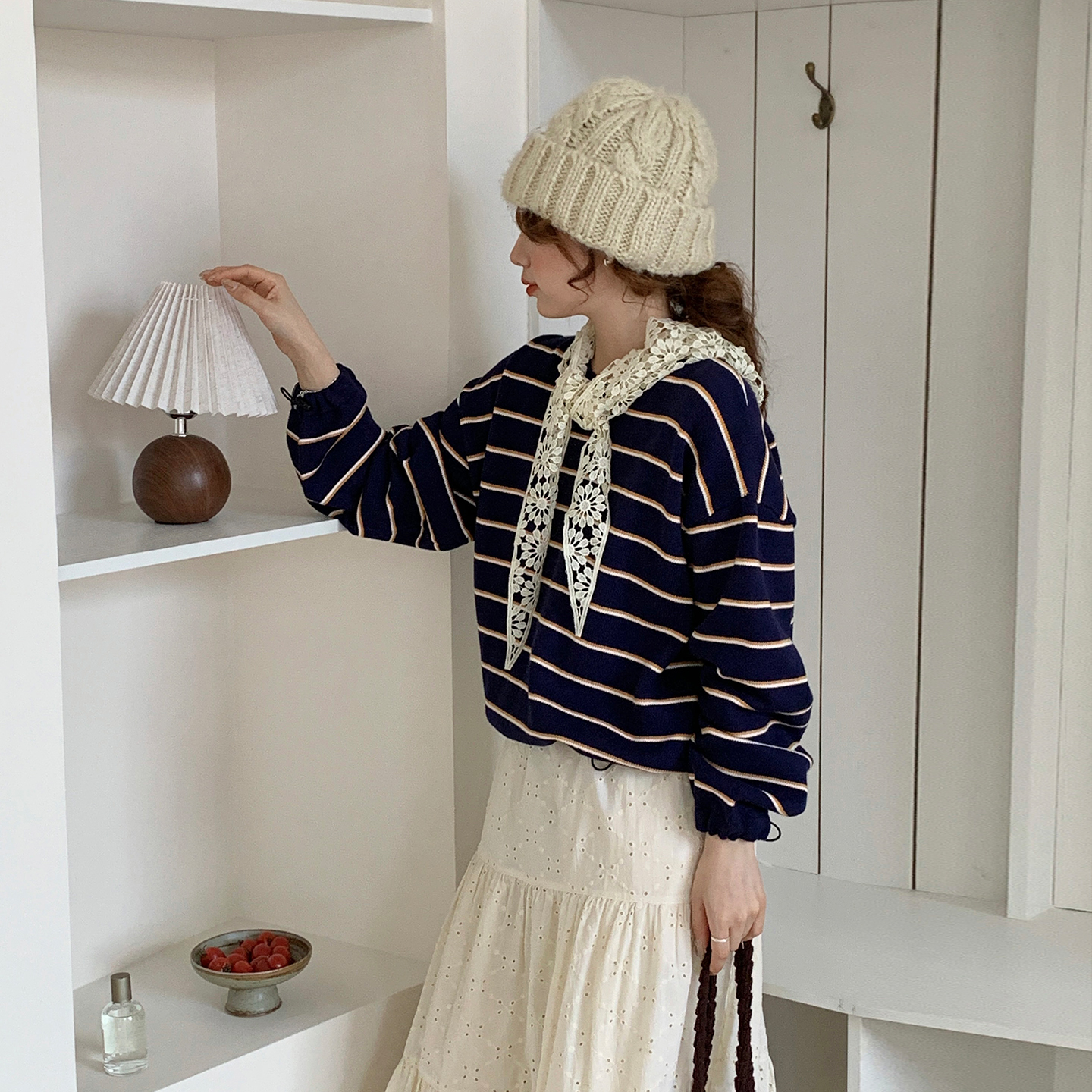 CRISP日系穿搭撞色条纹抽绳套头针织衫女宽松毛衣2025秋冬新款