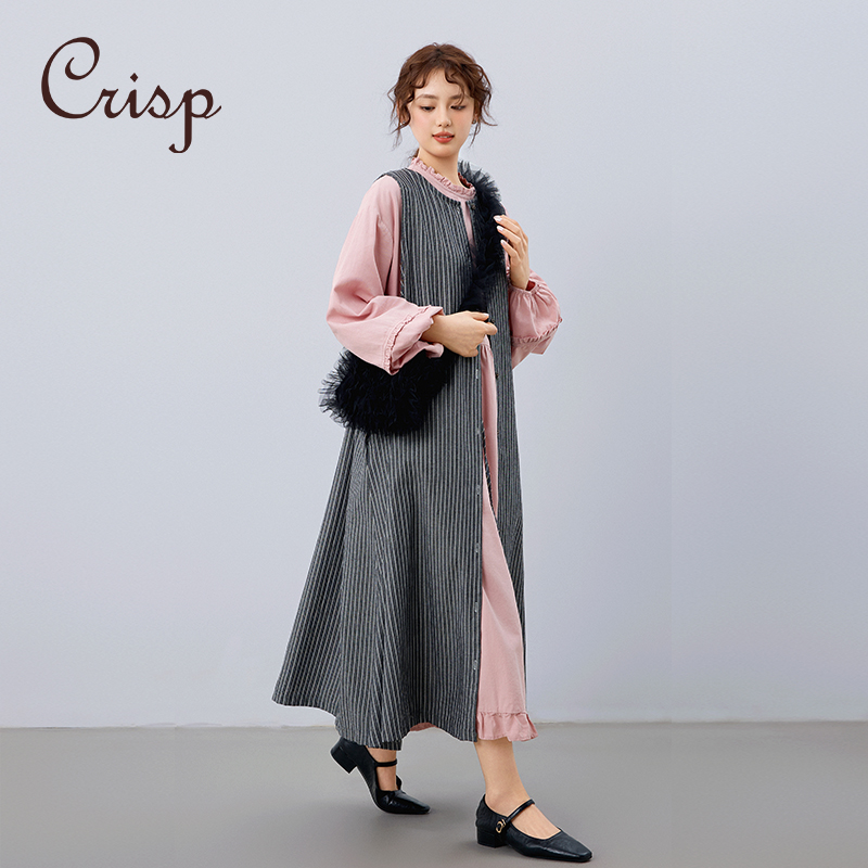 CRISP日系穿搭条纹牛仔连衣裙开衫长款外搭背心裙2025春季新款