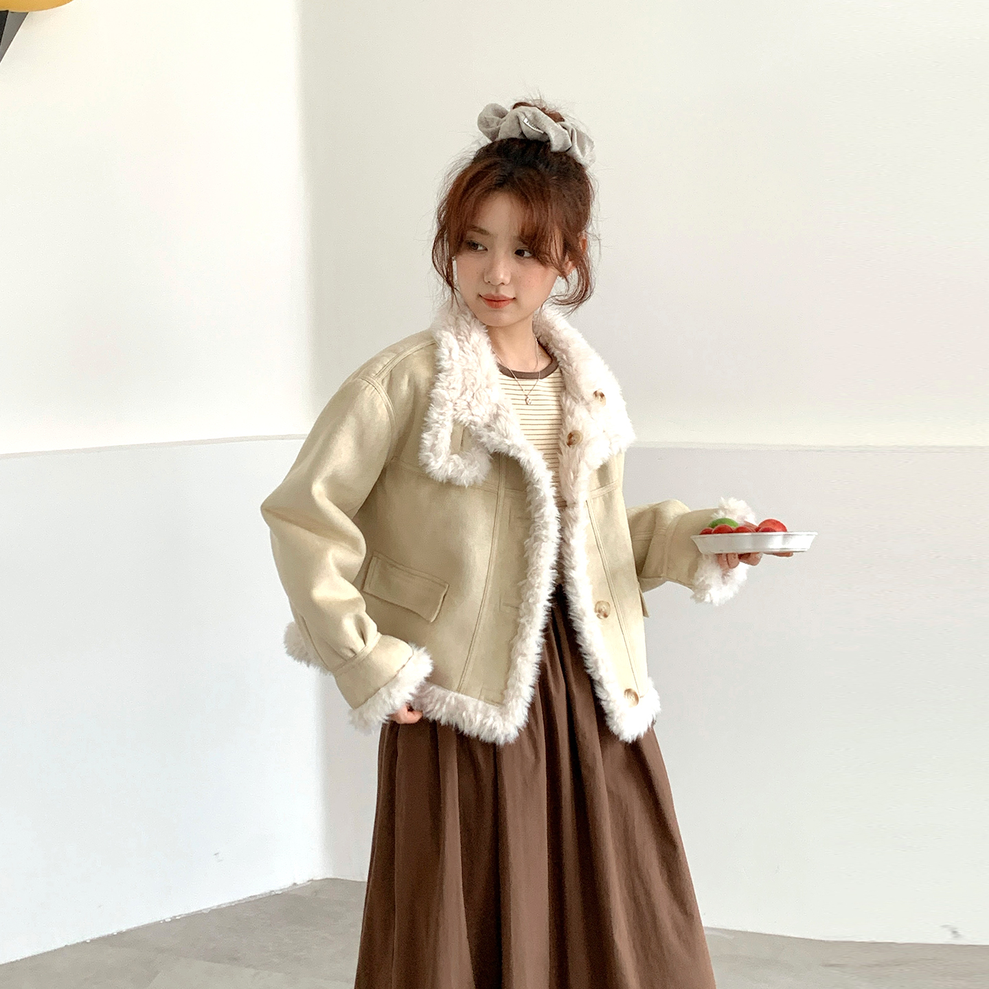 CRISP日系穿搭正反两穿麂皮绒短外套女仿羊羔毛上衣2025冬季新款