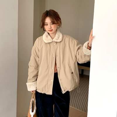 CRISP日系穿搭仿羊羔毛翻领派克服棉服好看夹棉外套2025冬季新款