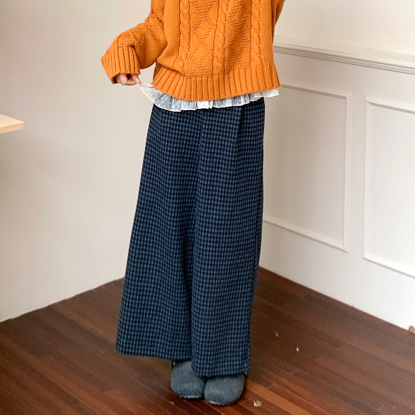 CRISP日系穿搭毛呢格纹阔腿裤女裤子加厚宽松休闲裤2025冬季新款