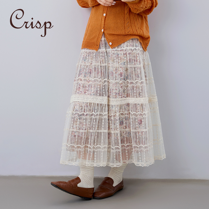 CRISP日系穿搭森女刺绣欧根纱a字半身裙碎花里衬蛋糕裙2025春新款