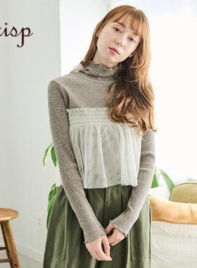CRISP日系穿搭网纱拼接高领针织打底衫女秋冬假两件内搭2024新款