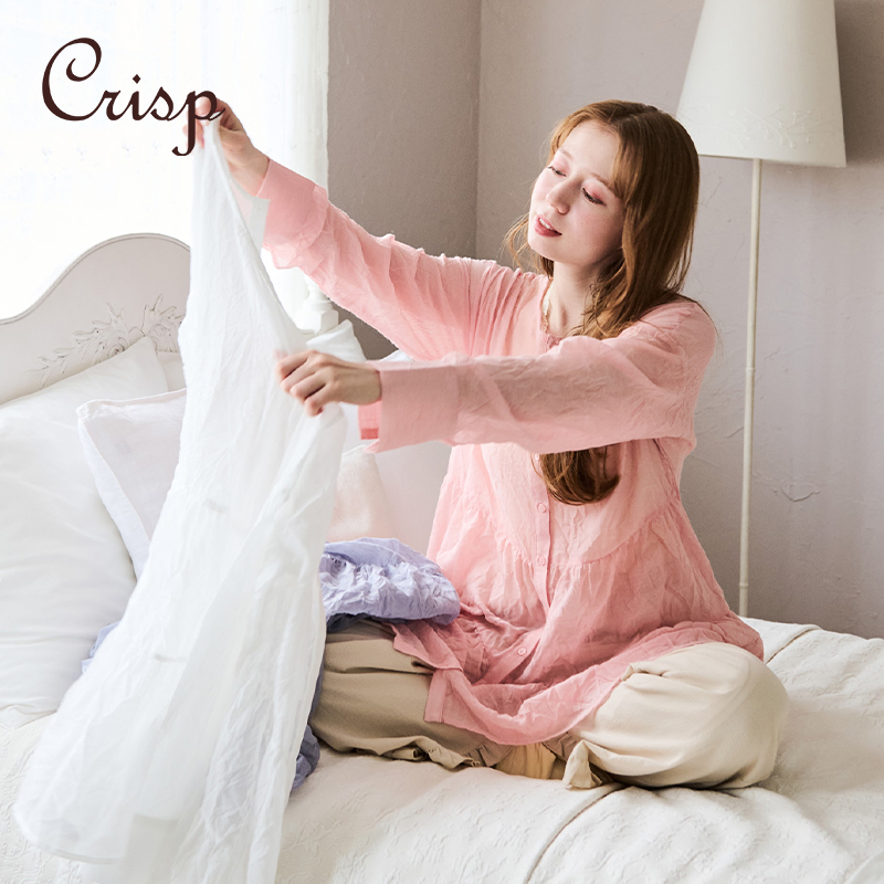 CRISP日系穿搭轻薄微透中长款衬衫女外搭褶皱开衫2025春季新款