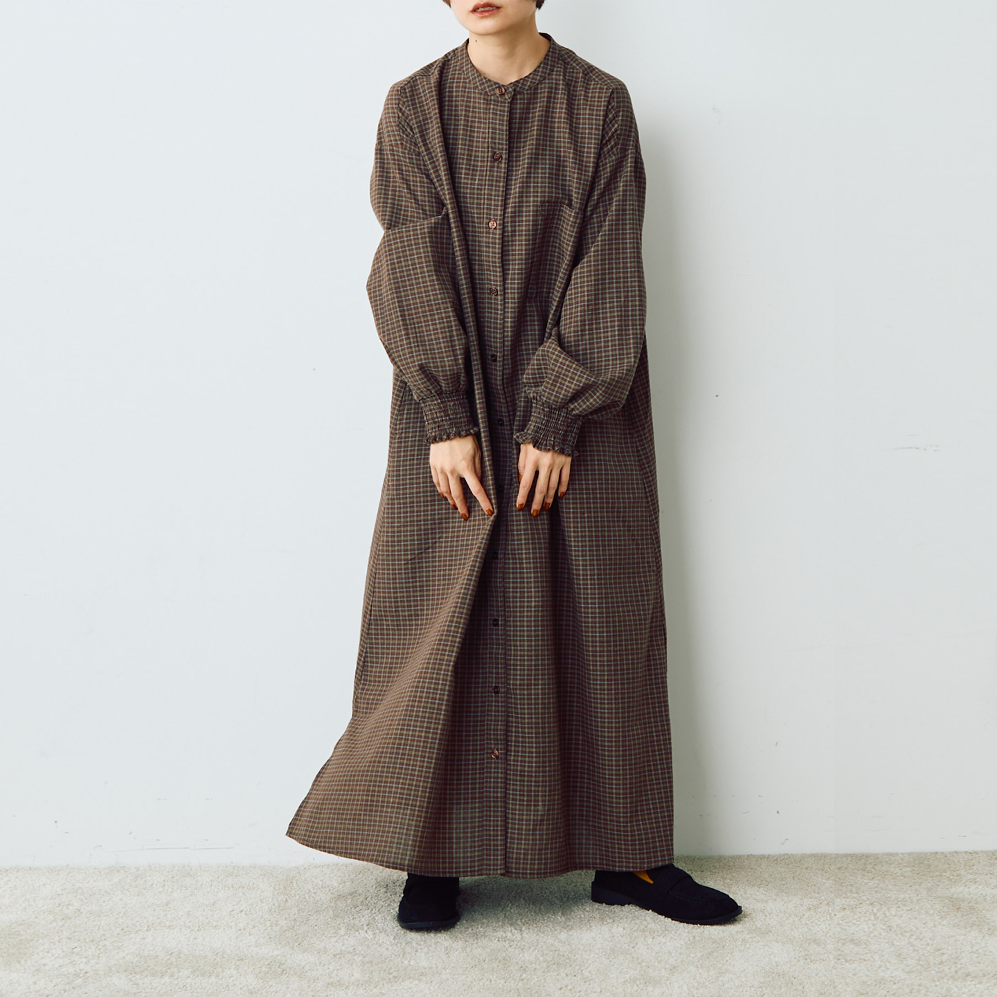 CRISP日系穿搭格子宽松长袖衬衫裙阔版圆领连衣裙2025秋季新款