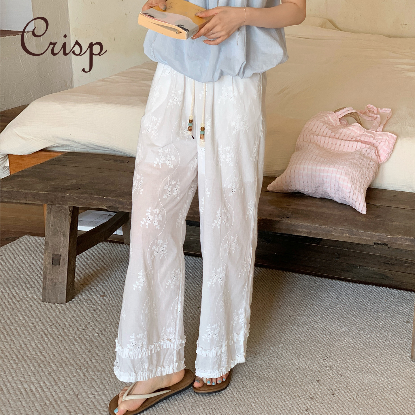 CRISP日系森女刺绣白色直筒裤子女夏季薄款木耳边休闲裤2025新款