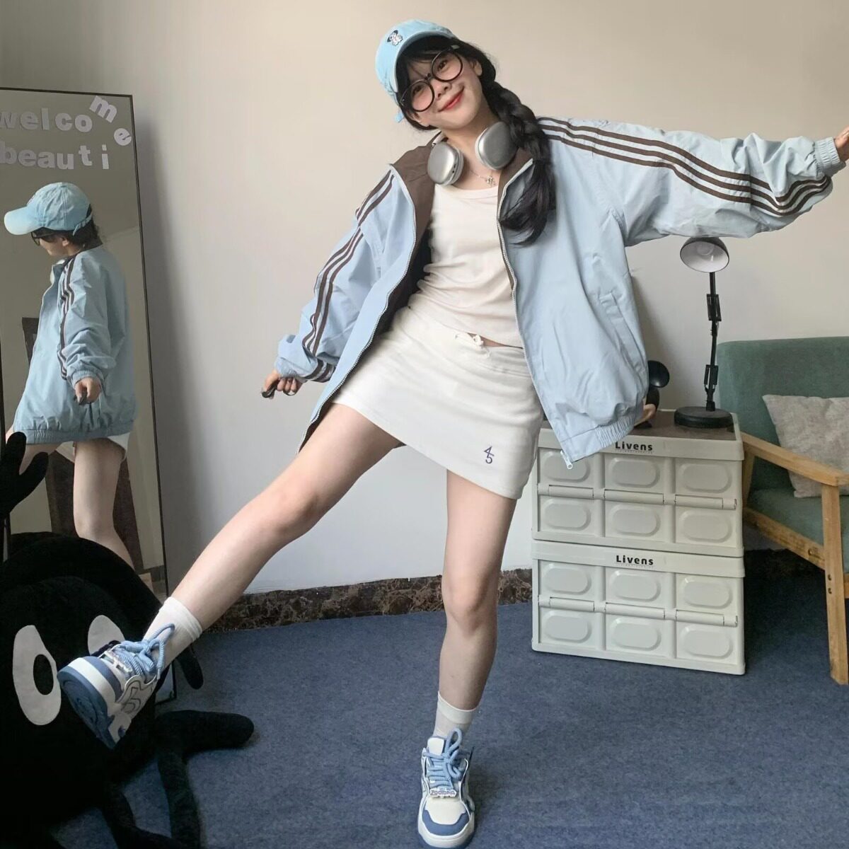 美式条纹蓝色运动夹克女生冲锋春秋季新款情侣棉服外套
