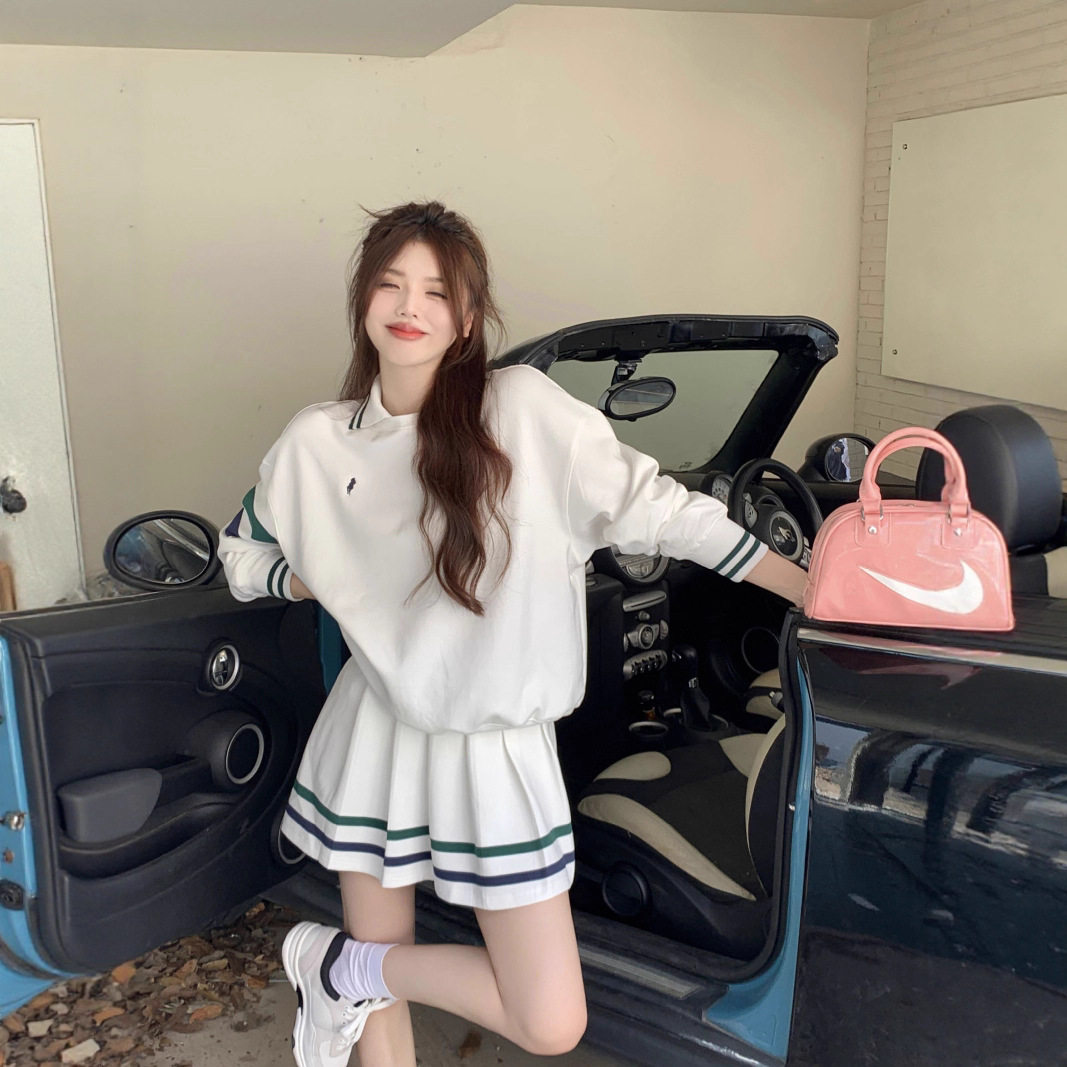 条纹运动polo领卫衣女早