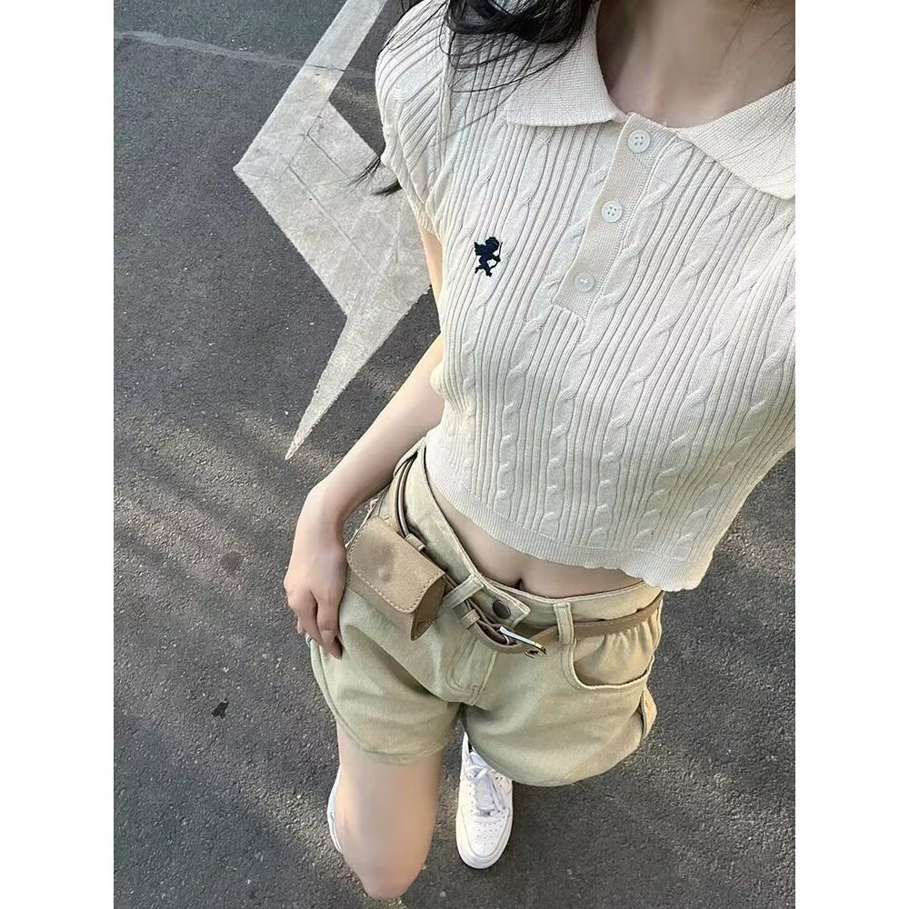 大码胖mm韩系翻领针织衫t恤女夏季ins新款甜辣修身显瘦短款上衣潮