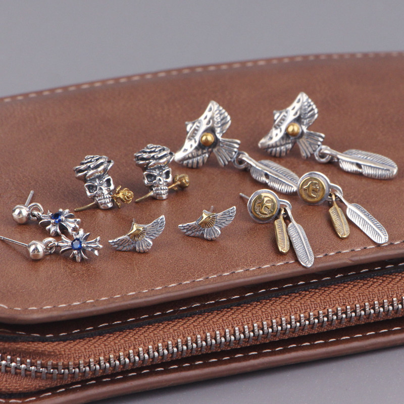 纯银高桥耳钉百搭飞鹰款情侣十字架骷髅头耳环朋克风个性潮流