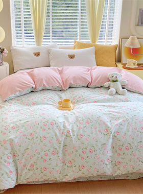 纯棉四季款全棉小清新田园风绿色小碎花2米x2米3被套180cmx220cm