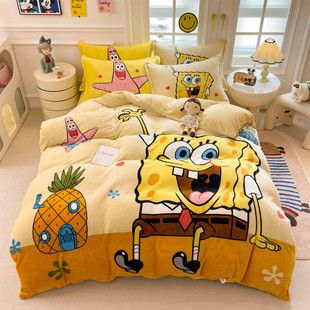 秋冬天牛奶绒黄色儿童房家用1米8床四件套男孩加绒男生床上三件套