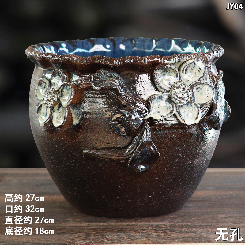 浮雕花盆复古创意粗陶大号陶瓷多肉盆老桩法师盆栽绿植花器