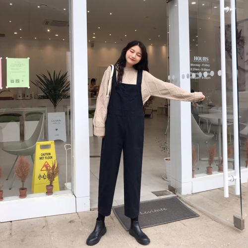 Autumn 2018 new Korean version of high waist loose overalls, strap pants, BF leisure nine-minute pants