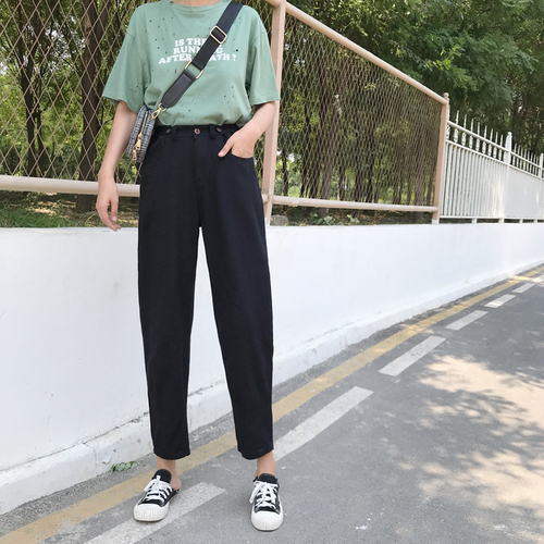 Real-time loose jeans women walk with wind ~ buttons adjustable high-waist radish pants rice white/black