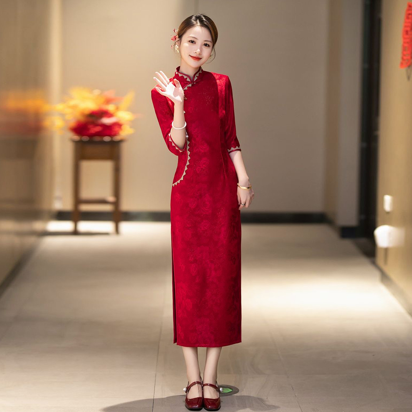 年轻喜婆婆婚宴旗袍礼服苏州正品高档加绒秋冬款复古修身优雅裙子