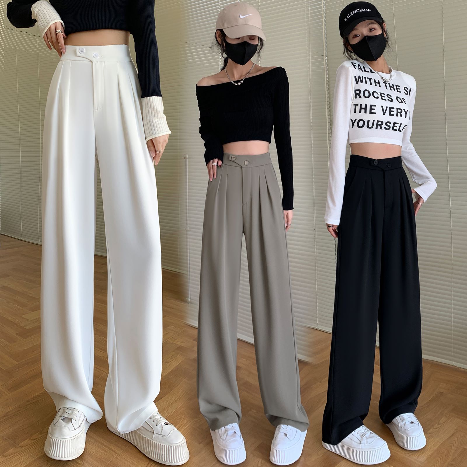夏薄款西装裤女直筒垂感休闲百搭双扣黄色裤子拖地高腰阔腿裤春秋