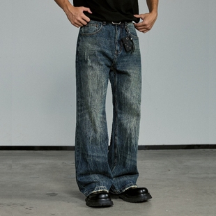 微喇叭有骨感显高长裤 松驰车手牛仔裤 男 洗水做旧 意志驱动美式