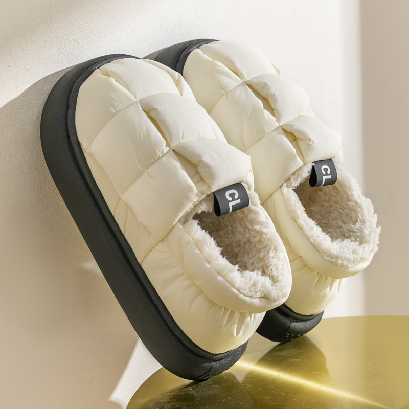 新款羽绒防水棉拖鞋女冬季加厚室内保暖棉鞋居家厚底简约情侣外穿