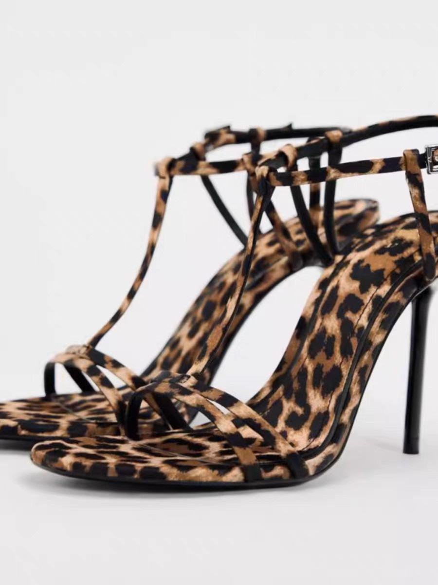 Qadın leopard çapı açıq barmaq yüksək daban sandal