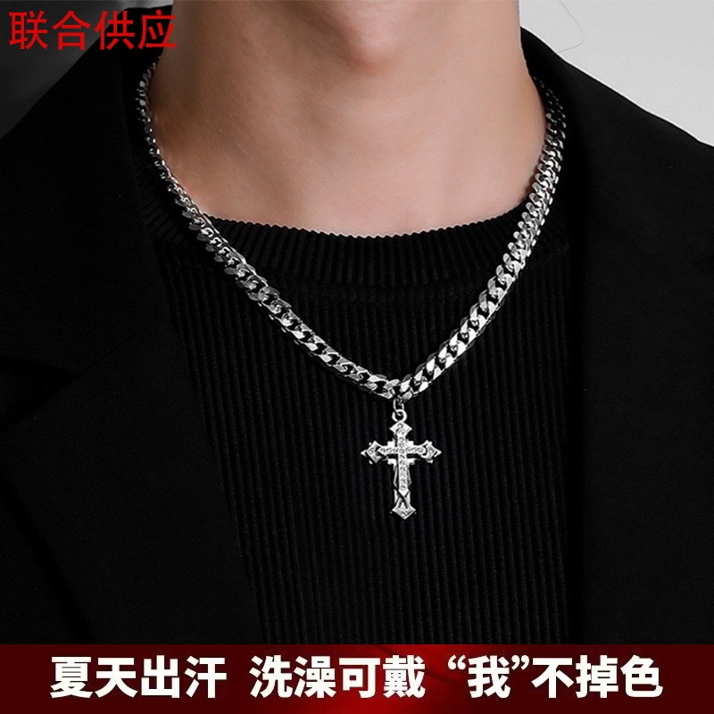 欧美古巴链十字架吊坠项链男潮ins嘻哈情侣钛钢锁骨链高街配饰