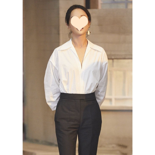 职业休闲套装 女上衣黑色长裤 春夏 chic简约套头衬衫 奶白色宽松长袖