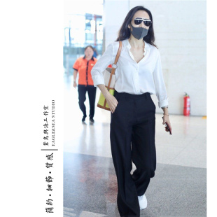 黑色直筒阔腿西装 衬衫 裤 女长裤 春夏 极简气质风 通勤套装 白色长袖