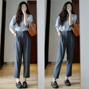 蓝色衬衫 女套装 深灰西装 通勤时尚 裤 自在舒适简约风「灰蓝调」短袖