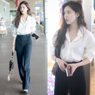 白色宽松衬衫 女春夏新款 黑色高腰阔腿西装 职业套装 长裤 港风气质