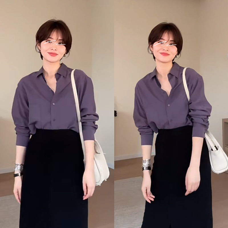 「优雅的她」小众黛紫色通勤气质职业衬衫女显白显瘦抗皱衬衣春夏