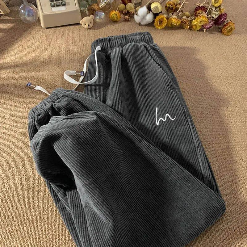 9年老店 秋冬灯芯绒裤子情侣港风简约刺绣高腰休闲裤宽松束脚