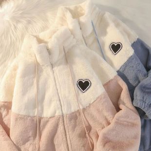 8年老店 小香風(fēng)羊羔毛外套女秋冬寬松學(xué)生百搭加絨加厚棉服拼接