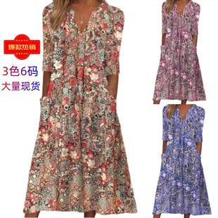 8年老店 v領(lǐng)休閑度假插袋連衣裙 印花夏季 亞馬遜2023歐美新款