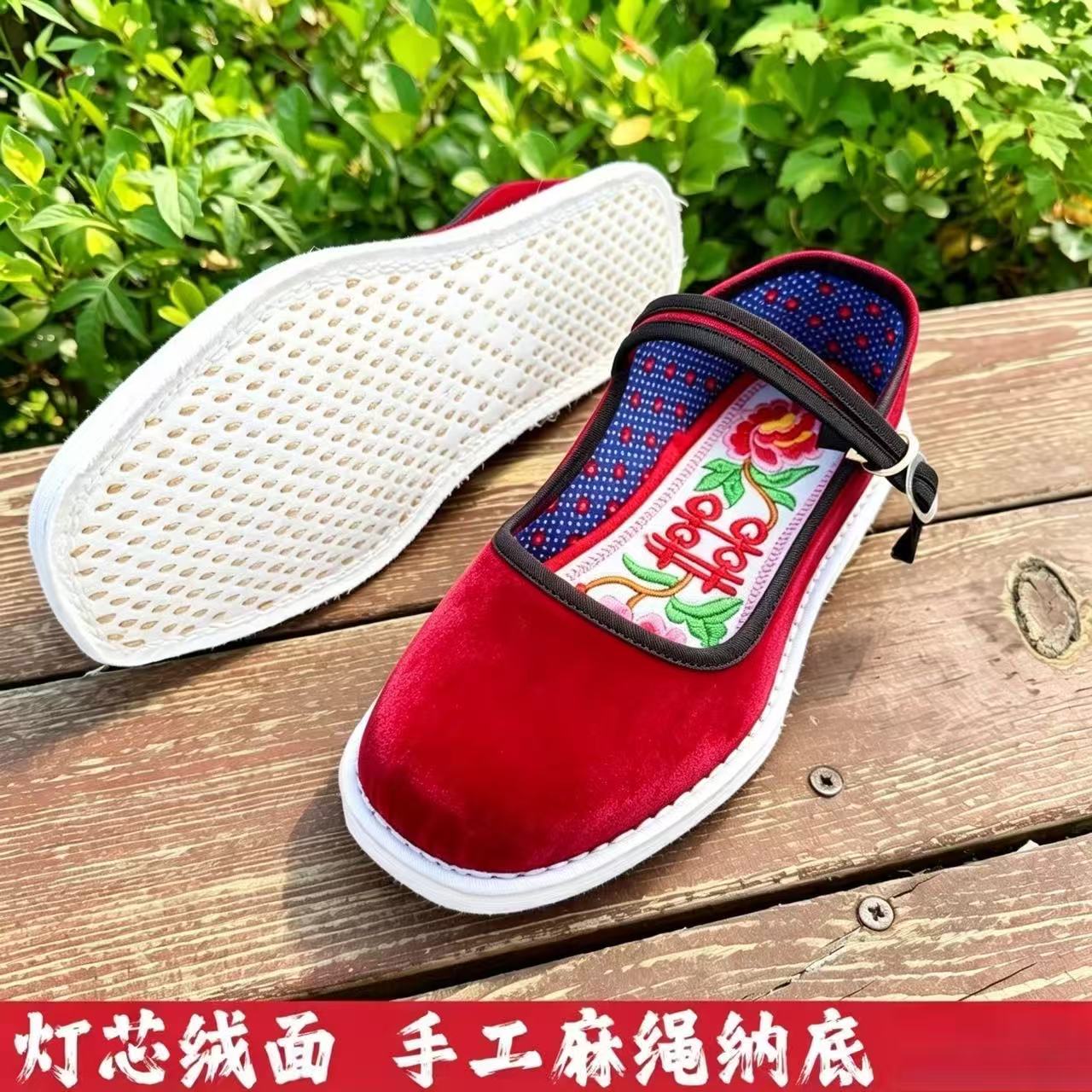 纯手工北京千层底手工布鞋丝绒鞋面棉布麻绳透气手纳鞋底民俗姑娘