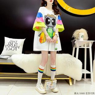 洋氣卡通短袖 歐貨大版 網(wǎng)紅爆款 寬松中長款 t恤女夏季 遮屁股上衣潮