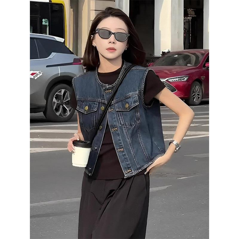 覆古蓝色短款无袖背心牛仔外套女春秋欧货新款圆领显瘦马夹上衣